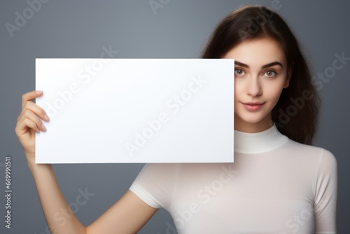 A youthful woman grasping an empty white banner.