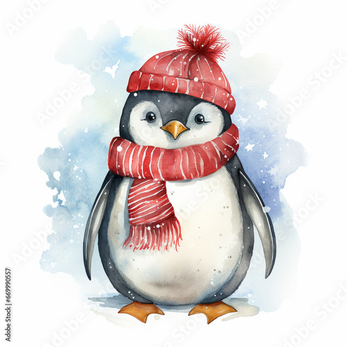 Watercolor Christmas penguin on White Background for Winter or New Year Clipart