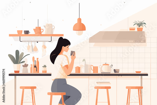 Woman Enjoying Coffee in Warm Pastel Kitchen isolated vector style illustration