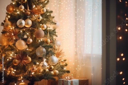 an aesthetic christmas tree decorated with shiny baubles and lights