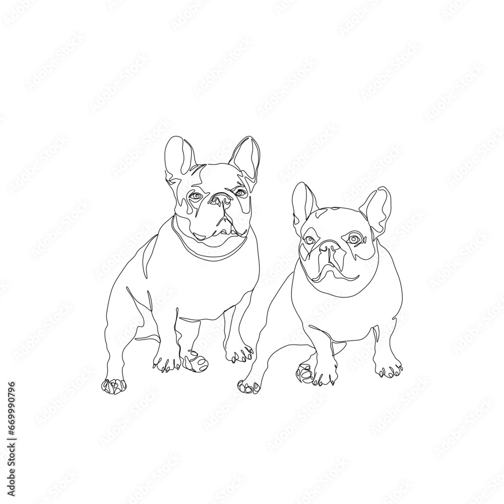 Dogs pug, continuous line drawing, pet small tattoo, pug-dog print for clothes, silhouette one single line on white background, isolated vector illustration.