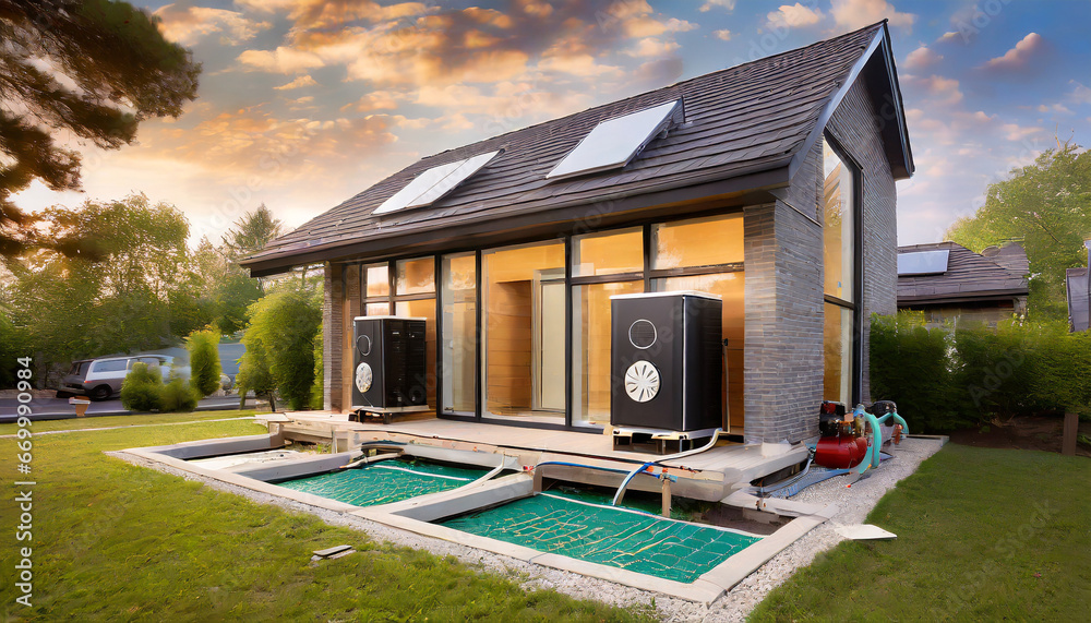 View of an air source heat pumps installed outside of new modern house ...