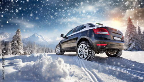 car with winter tires conquers the snowy terrain generative ai