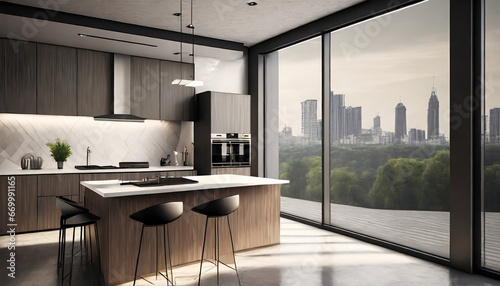 modern disign kitchen interior with window and city veiw ai generative image photo