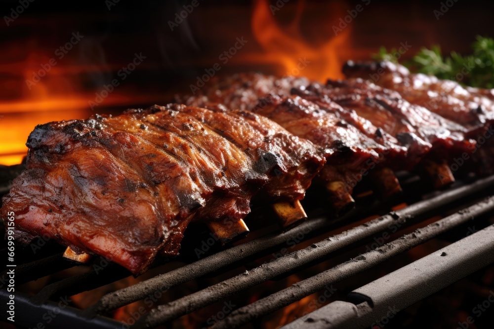a rack of juicy barbecued ribs on a grilling pit - obrazy, fototapety, plakaty 