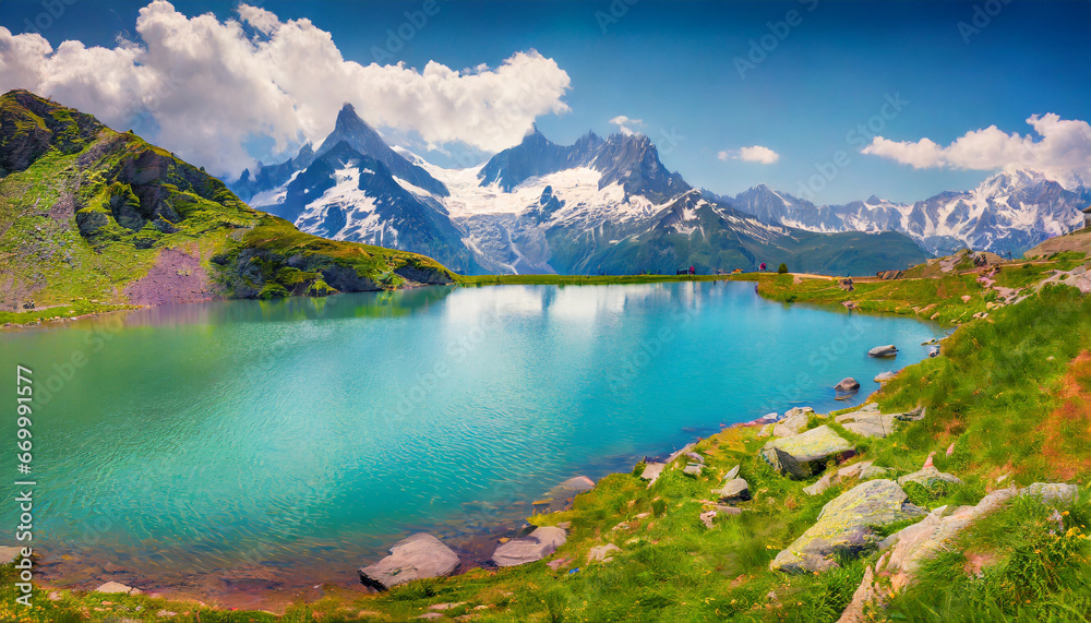 colorful summer panorama of the lac blanc lake with mont blanc monte bianco on background
