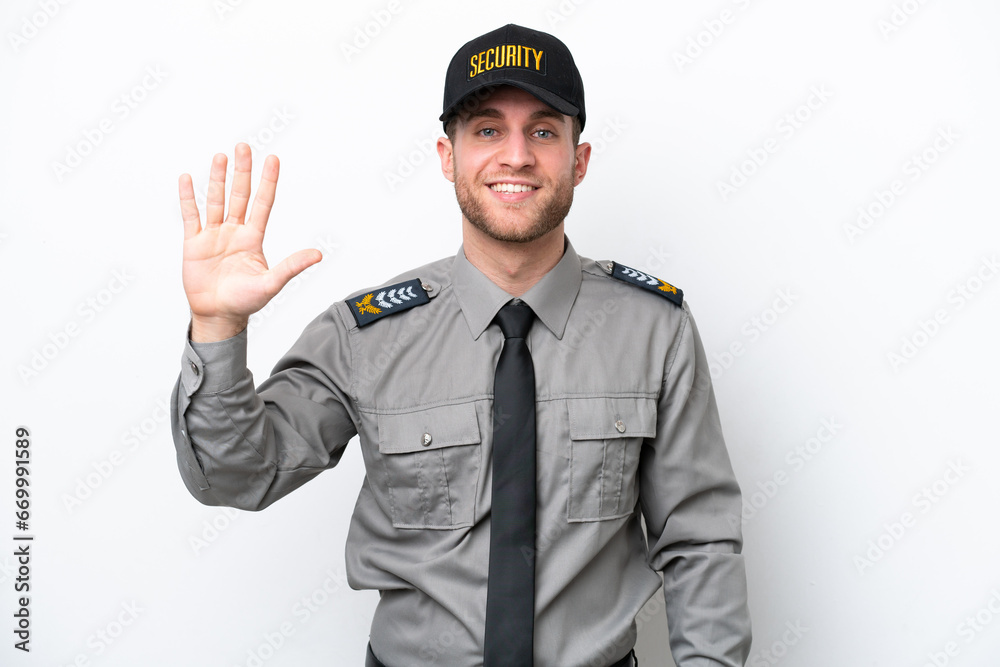 Young safeguard caucasian man isolated on white background counting five with fingers Young safeguard caucasian man isolated on white background counting five with fingers