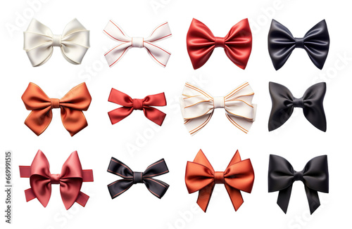 A collection of handmade colorful bows on transparent background.