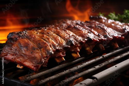 a rack of juicy barbecued ribs on a grilling pit