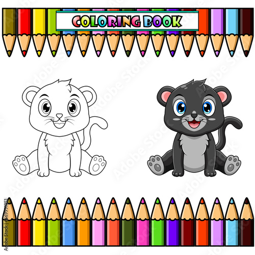 Cute baby black panther cartoon sitting for coloring 