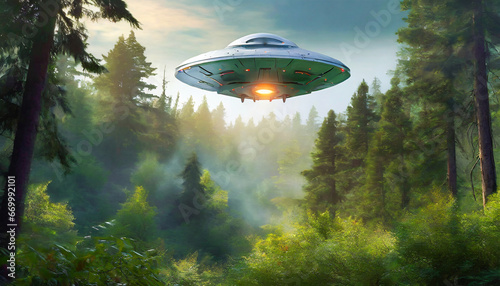 alien spaceship flying over the forest
