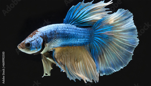 beautiful betta splendens halfmoon siamese fighting fish or macropodinae or osphronemidae with blue tail fin and skin flakes on black background