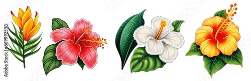 Tropical flowers and green leaves