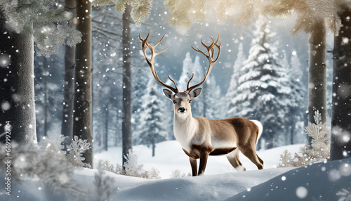 elegant reindeer against snowy winter forest background greeting card © Nichole