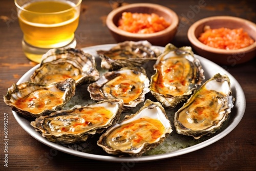 grilled oysters on a bed of salt, bowl of garlic sauce