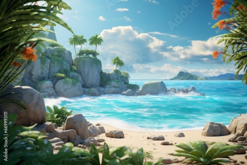 A serene tropical paradise is captured with azure waters, sunny shores, and lush greenery. Summer concept