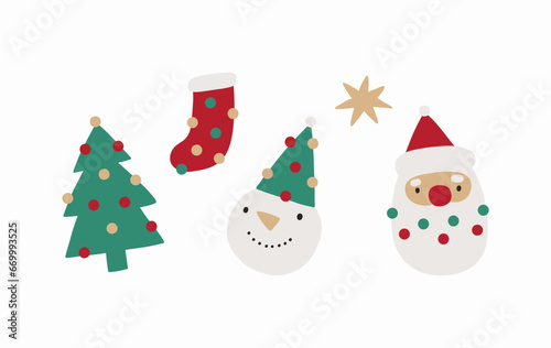 Cute Cartoon Christmas vector set with Christmas tree, Santa, Snowman and star