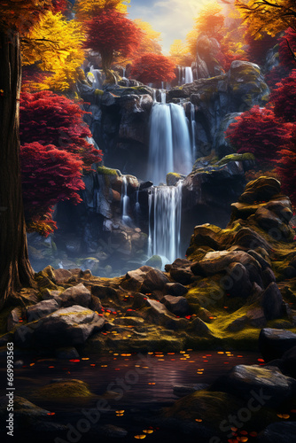 秋の森 ファンタジックな森と川の風景イラスト