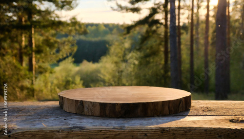 empty wooden round table for product placement or montage with blurred forest background high quality photo