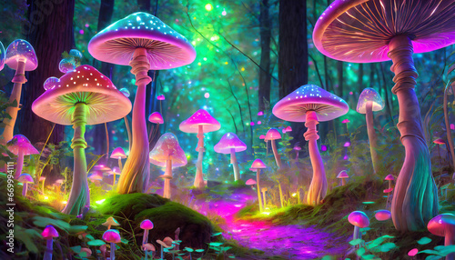 psychedelic mushroom forest with a neon glow in a fantasy style