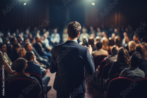 Man Speaking Into Microphone in front of audience