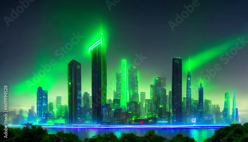 cyberpunk city skyline with green and blue neon light