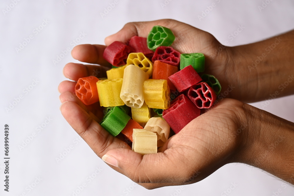 Raw fryums snack. Its other names Far far.  It's deep fried, and they are either eaten as a snack or served like a papadum to accompany a meal. Indian snack composed primarily of potato starch, sago.