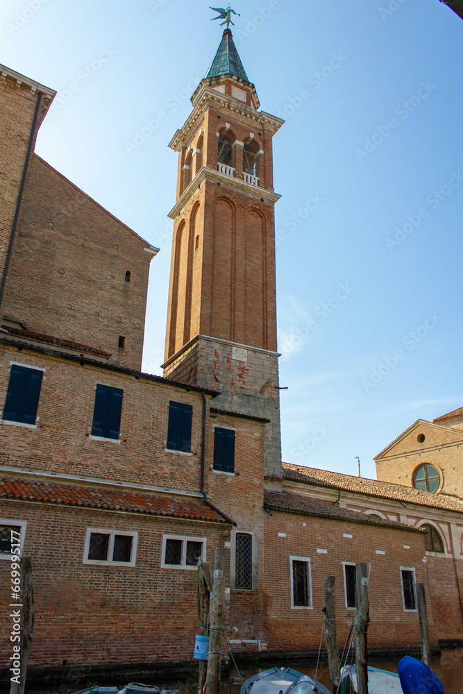 View of town Chioggia and church steeple of Chiesa della Santissima Trinita in Veneto, Italy