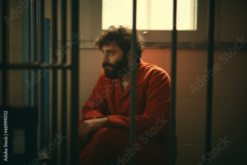 Pensive male prisoner smokes cigarette in prison cell © alisaaa