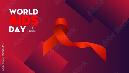 Isolated red ribbon with white text World AIDS Day background, HIV Awareness vector background, stop AIDS banner.