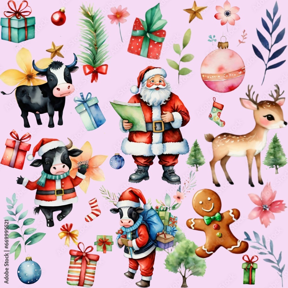 Unique Christmas Cow Seamless Pattern - Hand-Painted Watercolor Design for Festive Decor & Wrapping - Limited Edition Graphics