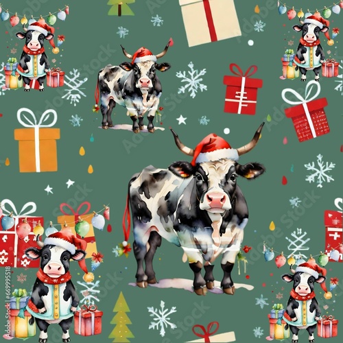 Unique Christmas Cow Seamless Pattern - Hand-Painted Watercolor Design for Festive Decor & Wrapping - Limited Edition Graphics