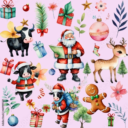 Unique Christmas Cow Seamless Pattern - Hand-Painted Watercolor Design for Festive Decor   Wrapping - Limited Edition Graphics