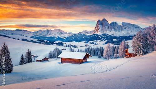 untouched winter landscape calm sunrise in alpe di siusi village snowy outdoor scene of dolomite alps ityaly europe beauty of nature concept background © Nichole