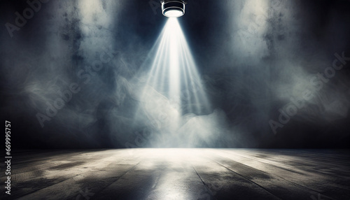illuminating creativity spotlight in dark grunge elegance spotlight on empty stage in smoky space theatrical ambiance photo