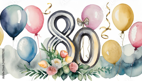 watercolor 80th birthday clip art with 80 figures and balloons isolated on white background photo