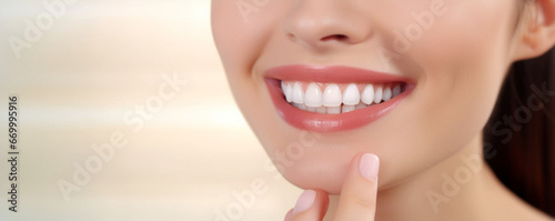 Perfect healthy teeth smile of a young woman  Teeth whitening  Dental clinic patient  Image symbolizes oral care dentistry  stomatology  Dentistry