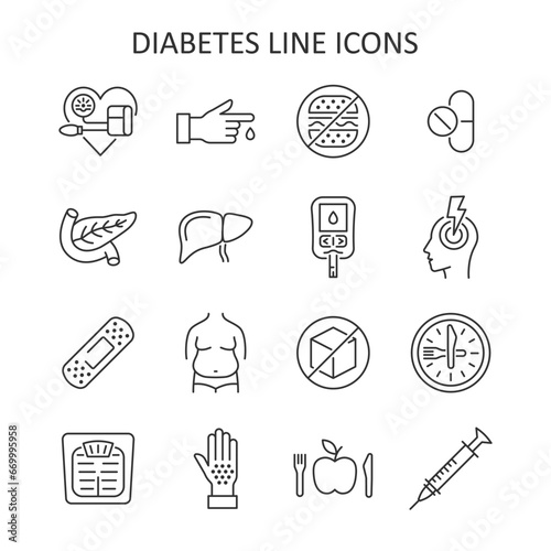 Diabetes prevention and treatment  line icon set.  Vector symbol of diet, weight control, obesity, liver, pancreas, glucometer, pressure blood monitor, headache.
