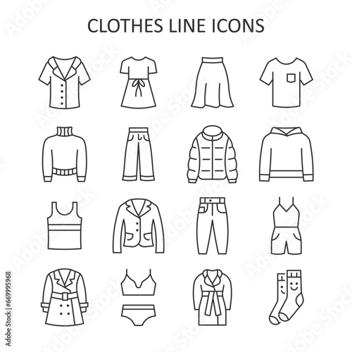 Woman clothing line icon set. Dress, skirt, blazer, jacket, jeans, pants, cloak flat symbol. Vector illustration.