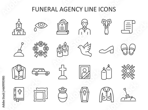 Funeral agency line icon set. Hearse, coffin, dove, church, gravestone, wreath, suit, bible, priest flat vector cymbol.