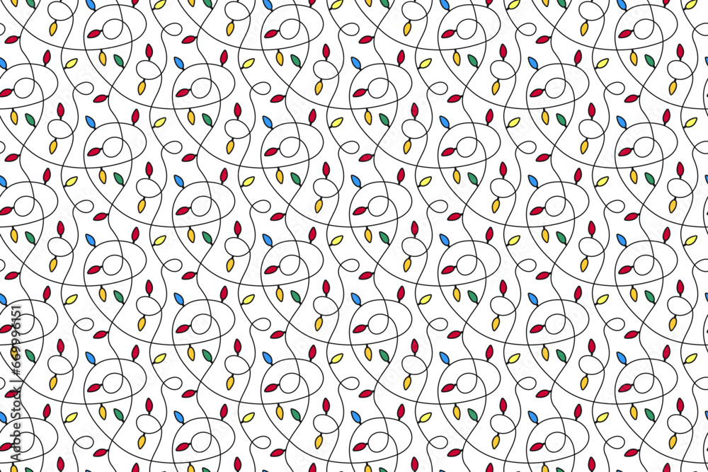 christmas vector seamless pattern with lights on white background. repeating new year pattern with multicolor tangled garland. cute cartoon garland with lights. new year christmas wallpaper - obrazy, fototapety, plakaty 