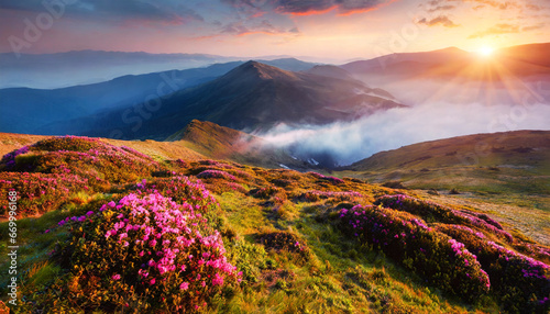 breathtaking nature scenery during sunset scenic image of fairy tale highland in sunlit incredible foggy morning in mountains with amazing pink rhododenndron flovers generative ai © Nichole