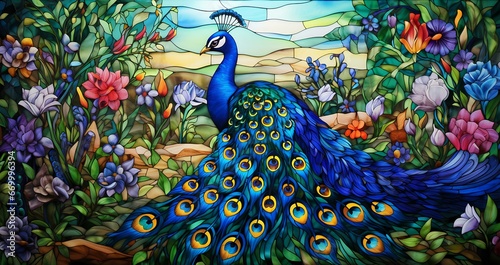 stained glass with peacock, exquisite lively craftsmanship precision art. generative AI