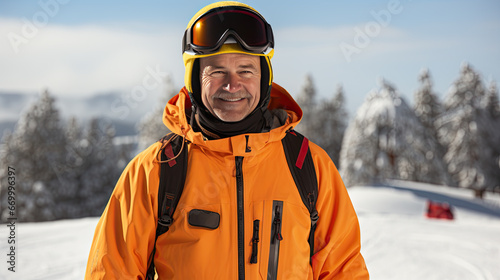 A skier with ski goggles in the mountains in winter