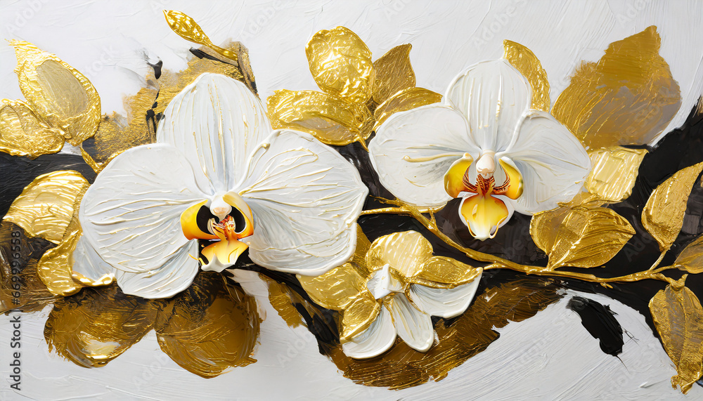 abstract floral oil painting gold and white orchids on white background