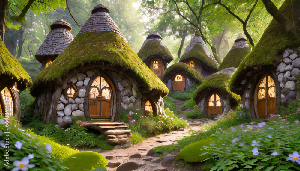 fantasy hobbit houses in forest generate ai