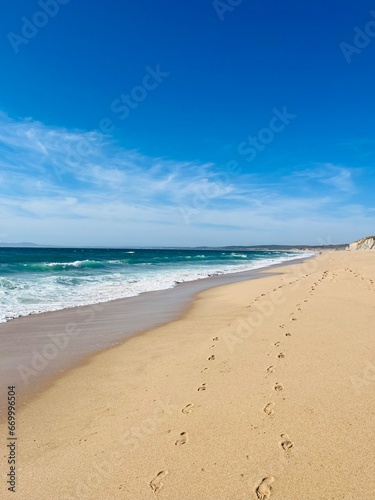 sandy ocean coast, waves ocean, blue horizon, natural ocean shore background