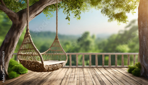 old wooden terrace with wicker swing hang on the tree with blurry nature background 3d render generative ai