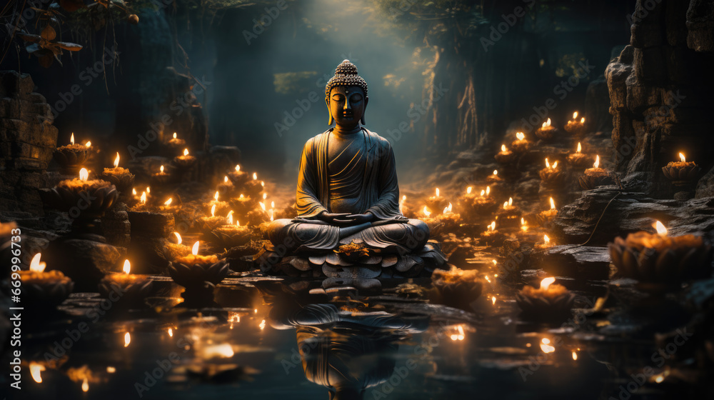 A Buddha statue with candles around it in a temple - obrazy, fototapety, plakaty 