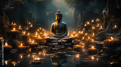 A Buddha statue with candles around it in a temple